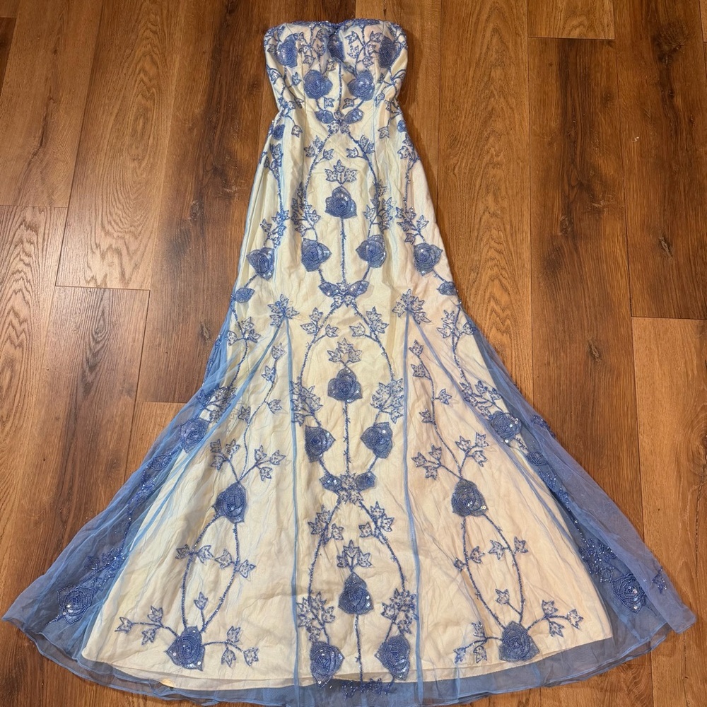 Vintage Y2K Beaded Dress Vintage Beaded Dress Strapless Blue Floral Prom Mesh